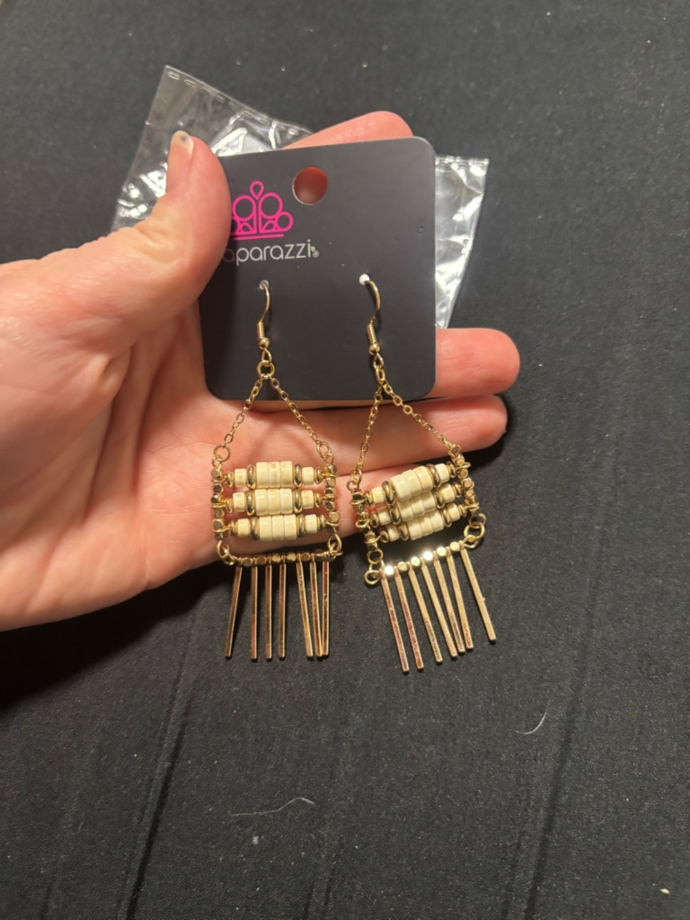 paparazzi Gold-Tone Cream Beaded Fringe Earrings